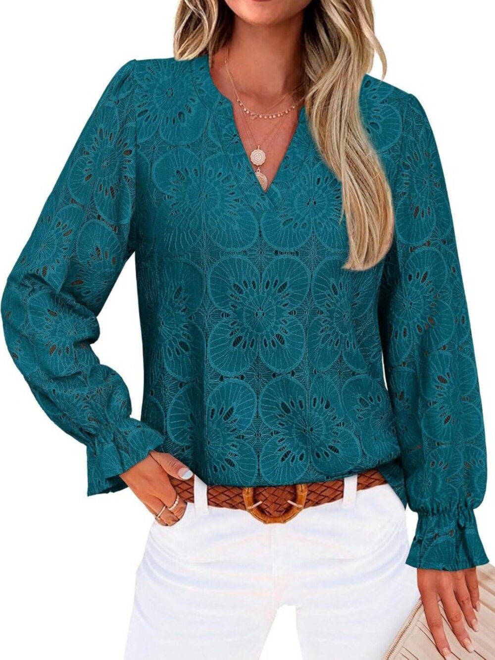 Chic Women's V-Neck Eyelet Lace Blouse with Lining - Fall Fashion Essential